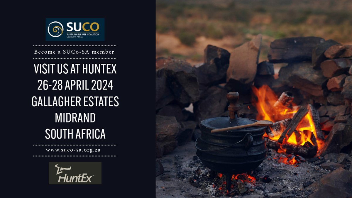 Visit SUCo-SA at Huntex
26-28 APRIL 2024 | GALLAGHER ESTATE, MIDRAND, SOUTH AFRICA. 
#SustainableUse
#wildlife
#principles
#membership