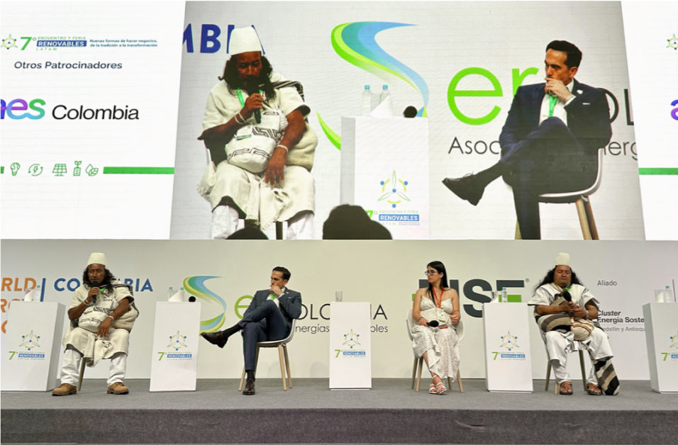 El 17 de Abril, en la jornada inaugural del 7º Encuentro y Feria Renovables Latam organizado por @SERCOLOMBIA_ y @FISE_Colombia, GWE y Autoridades del Pueblo Arhuaco lideramos un panel acerca de TERRɅ INITIɅTIVE y su modelo replicable de sostenibilidad energética inclusiva.