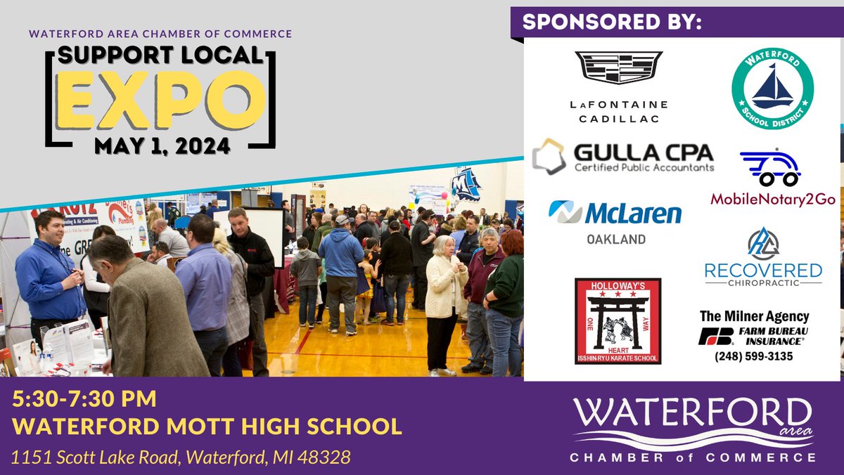 Join us one week from today at the @WACCchamber 'Support Local Expo”. This fantastic event brings over 100 businesses, township services, recreation and more together in one location. Let’s celebrate and support the fantastic businesses that make Waterford thrive! #SupportLocal