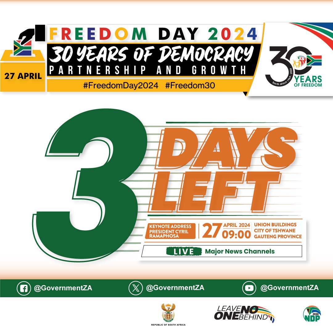 3 Days left till #FreedomDay2024 Lest we forget! We remember the sacrifices of unsung heroes and heroines who fought for our freedom and a nation that is truly democratic, equal, representative, fair and free from all forms of discrimination #FreedomMonth #FreedomDay #Freedom30