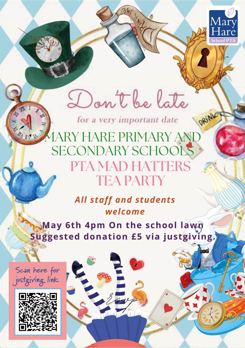 On Mon 6 May all staff and students are invited to come to the PTA's Mad Hatters Tea Party. As we are open on the Bank Holiday, it makes for a great way to come together at the end of the school day. We ask for a suggested donation of £5: justgiving.com/crowdfunding/M…