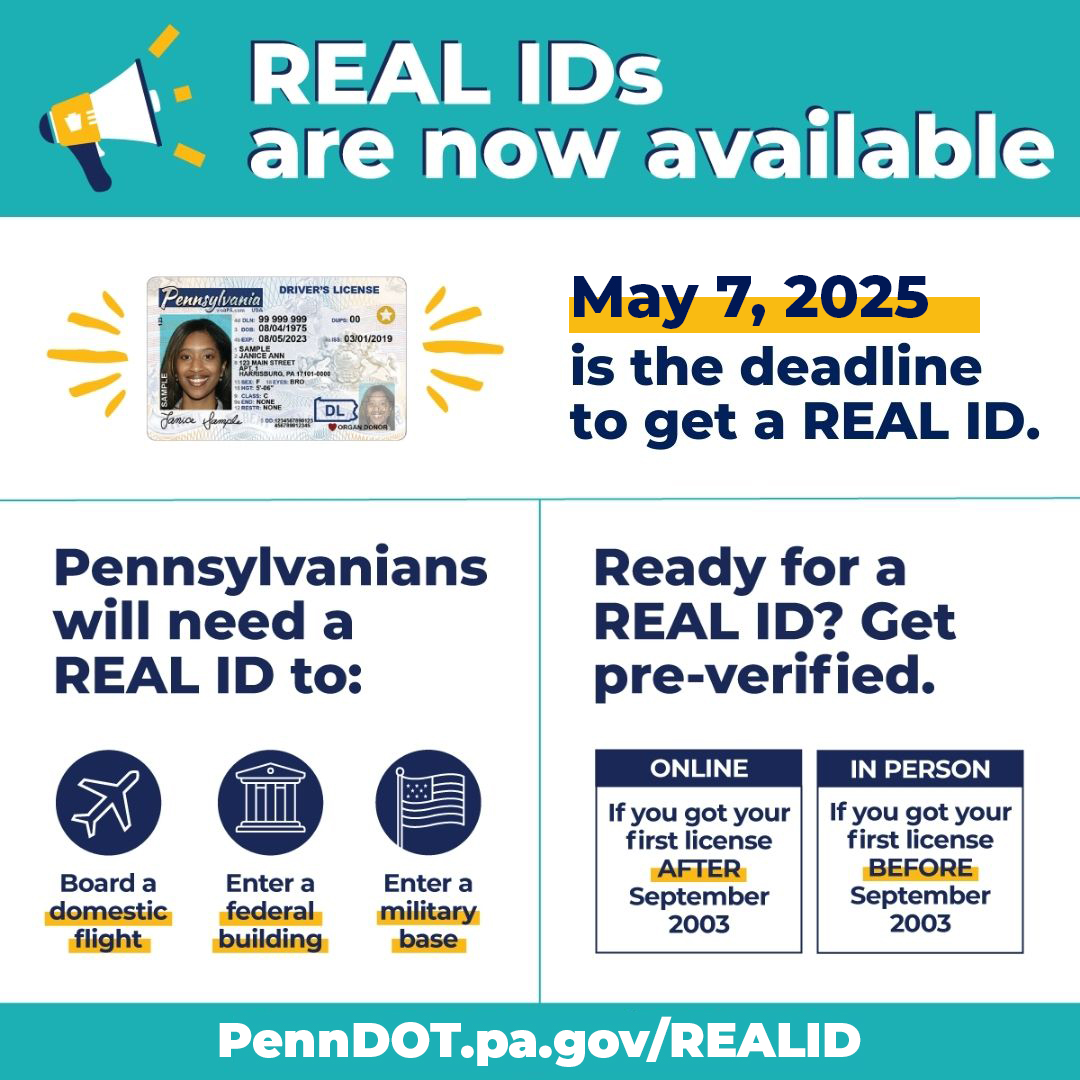 REAL ID-compliant driver’s licenses & photo IDs are available for those who want them. Starting 5/7/25, Pennsylvanians will need a REAL ID (or other accepted ID like passport/military ID) to fly domestically or enter federal bldgs/military bases. More: dmv.pa.gov/REALID/Pages/d….