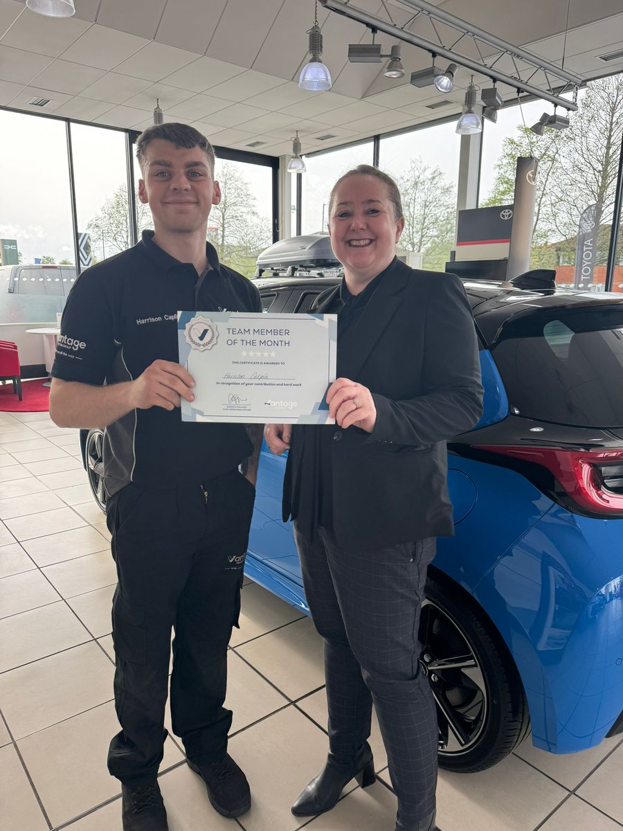 Well done to Harrison for being awarded Team Member of the Month at Toyota York 🙌 keep up the amazing work! #Certificate #HardWork #Toyota