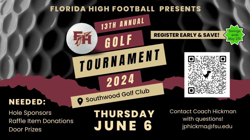 fhtdclub's tweet photo. Friends and family of @FloridaHighFB , please join us at @southwoodgolf for our 13th annual golf tournament!  Sign up to play as a team, individually, or showcase your business by sponsoring a hole. 
https://t.co/VbpWHOZ7gs
#1team1goal https://t.co/vuflpNfw19
