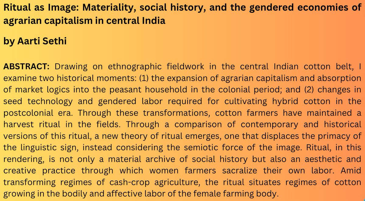 AmEthno's tweet photo. 📢📢📢New Article Alert! 📢📢📢

Ritual as Image: Materiality, social history, and the gendered economies of agrarian capitalism in central India

by Aarti Sethi @Itraati #anthrotwitter

Find it here in AE 51.2:  ⬇️⬇️⬇️
https://t.co/RwhB5Y7Oh6 https://t.co/Ixv7SY94Zm