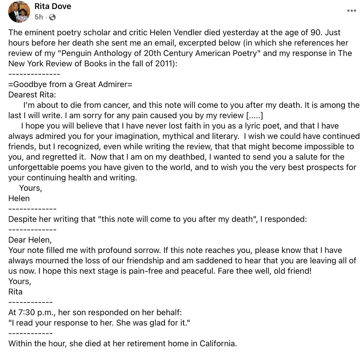With others, I salute #HelenVendler, her rare mind for poetry, esp. #JohnAshbery, &amp; her good heart. I have story or two, but nothing to match this, from #RitaDove: