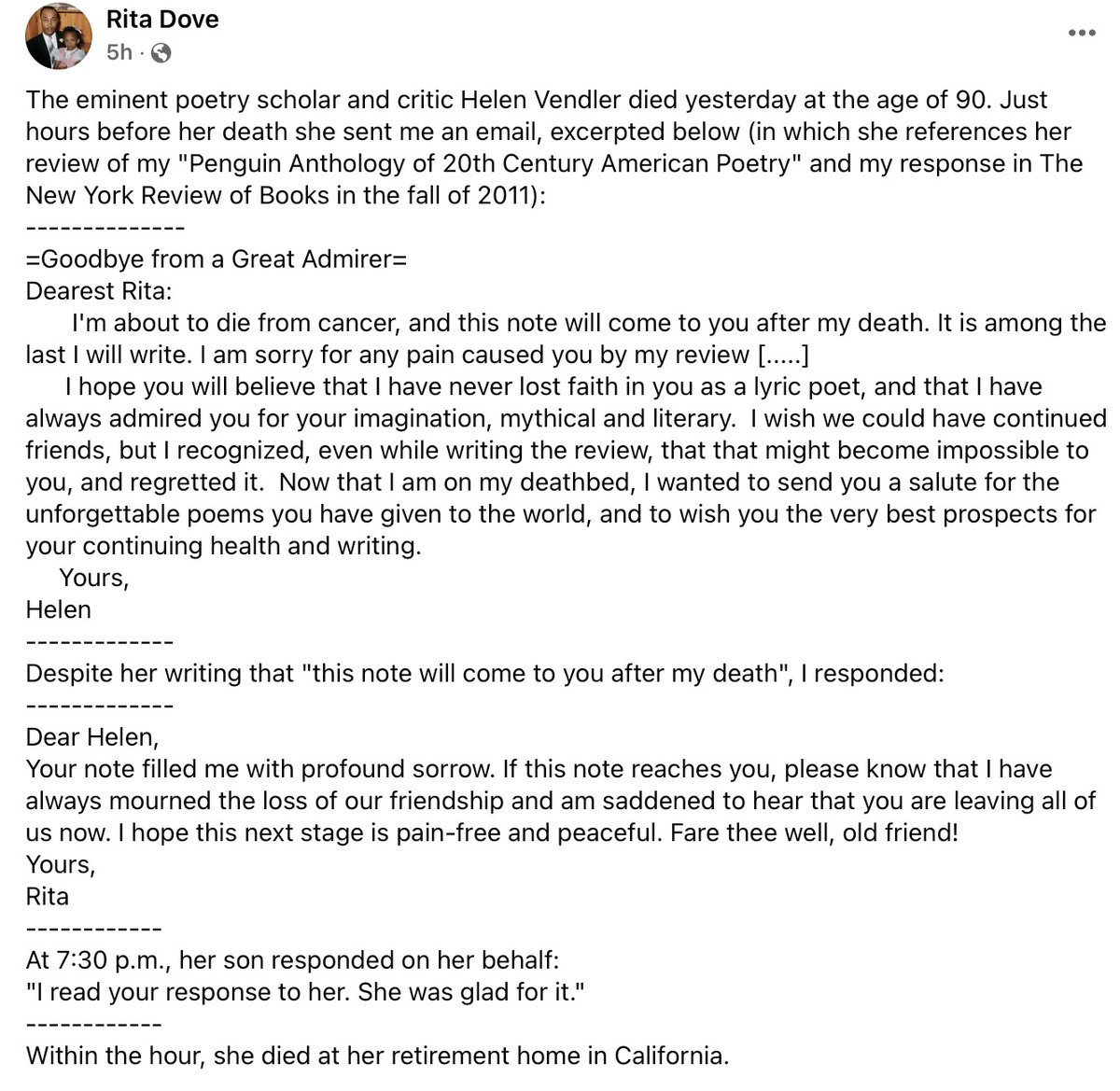 With others, I salute #HelenVendler, her rare mind for poetry, esp. #JohnAshbery, & her good heart. I have story or two, but nothing to match this, from #RitaDove: