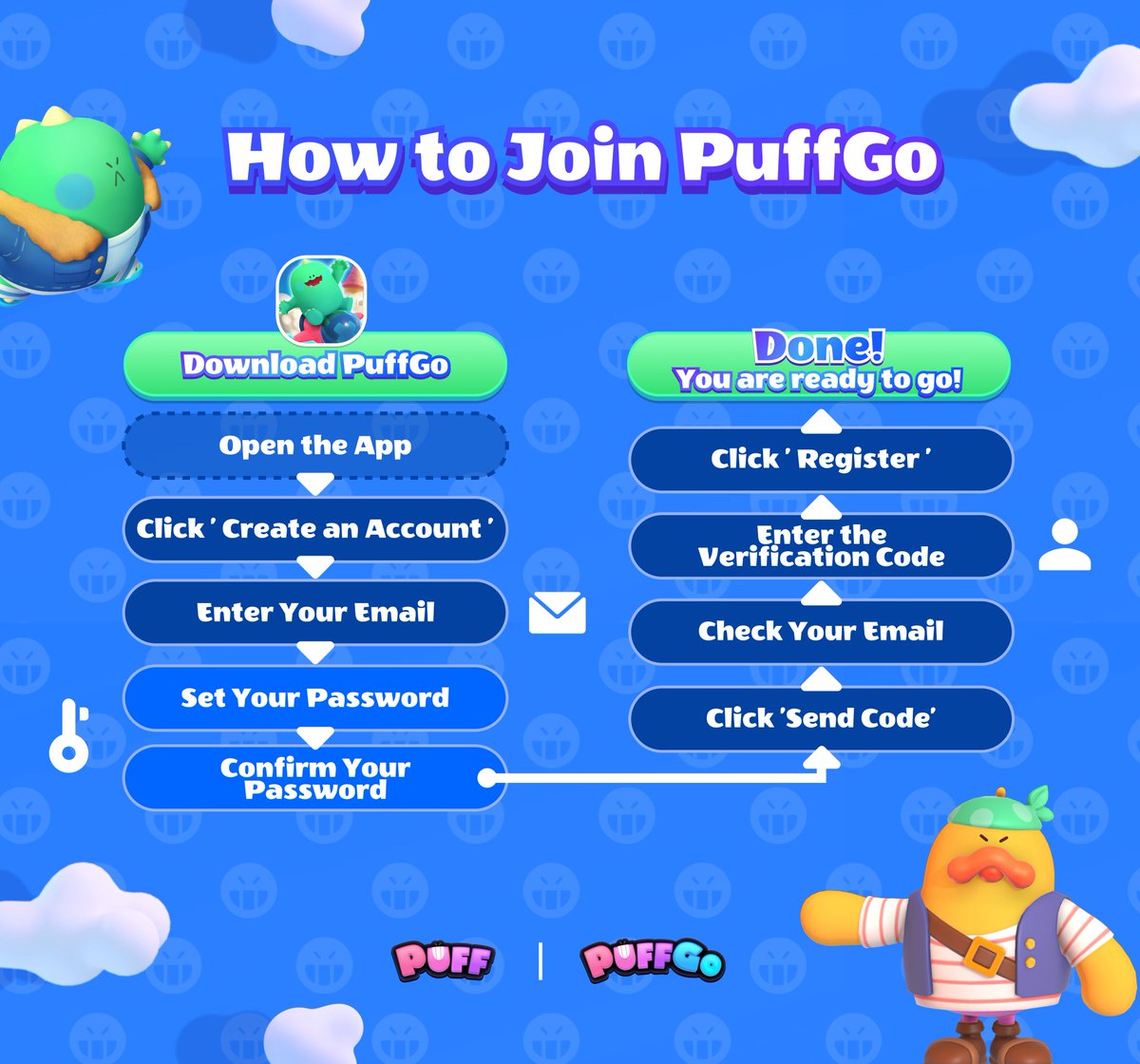 The 1st step to #Puffverse w/ the journey on @Ronin_Network! Sign up for #PuffGo & play w/ frds: 🎮 puffverse.pro/download-go/ 🆔 #PuffTown account = PuffGo account PuffTown #Ronin ver. will be updated soon! Download it now & get ready for the update! 🔗 puffverse.pro/download-town/