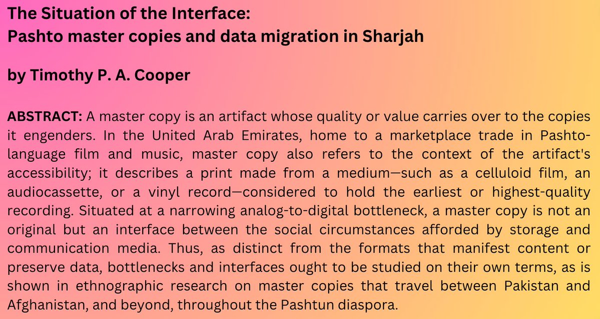 📢📢📢New Article Alert! 📢📢📢 The Situation of the Interface: Pashto master copies and data migration in Sharjah by Timothy P. A. Cooper #anthrotwitter Find it here (Open Access) in AE 51.2: ⬇️⬇️⬇️ anthrosource.onlinelibrary.wiley.com/doi/10.1111/am…