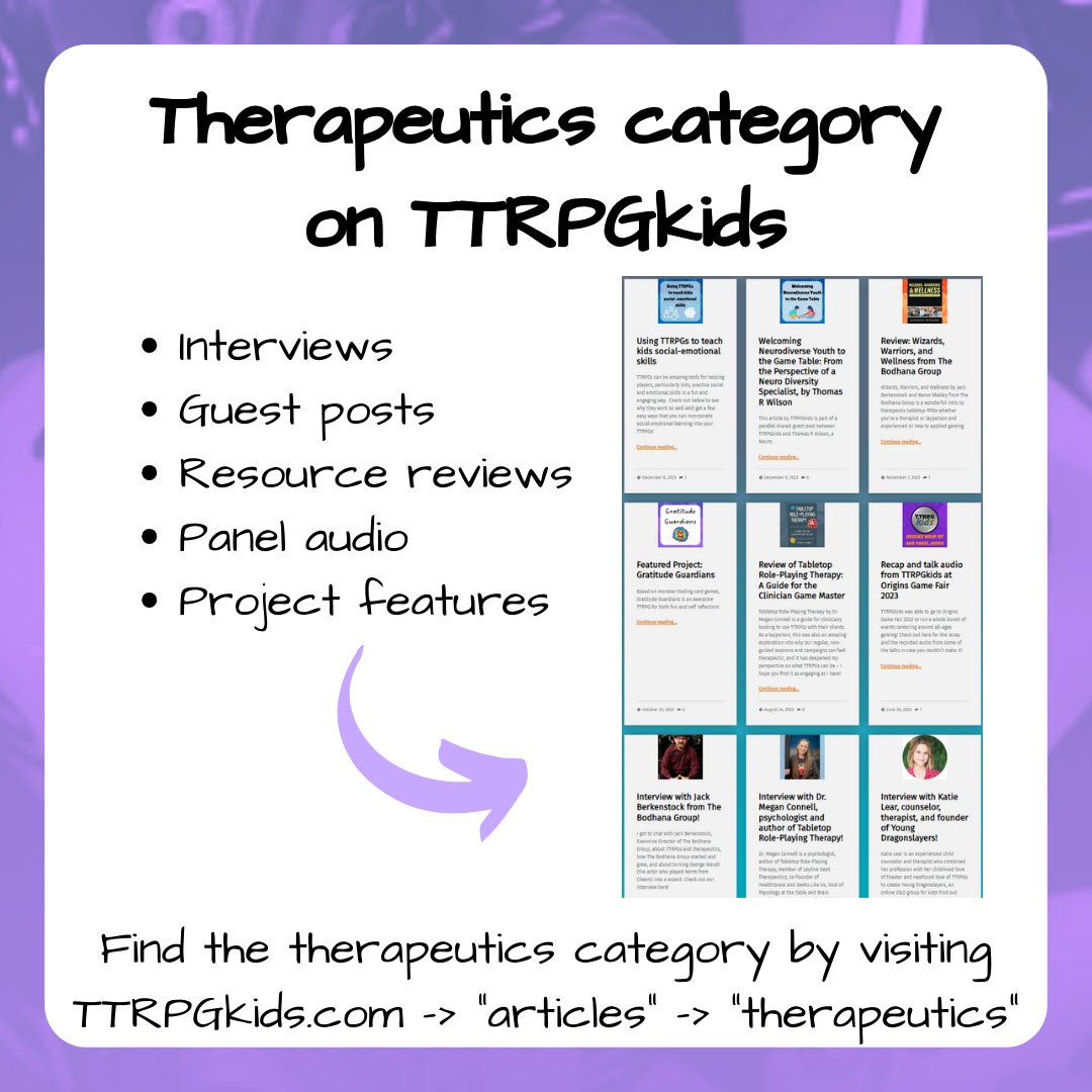 I get a lot of questions about using TTRPGs for therapeutic purposes, so I have created a whole section of the site devoted to finding out more info on accessible TTRPGs x therapeutics resources.

Check it out here, and I hope it can help!