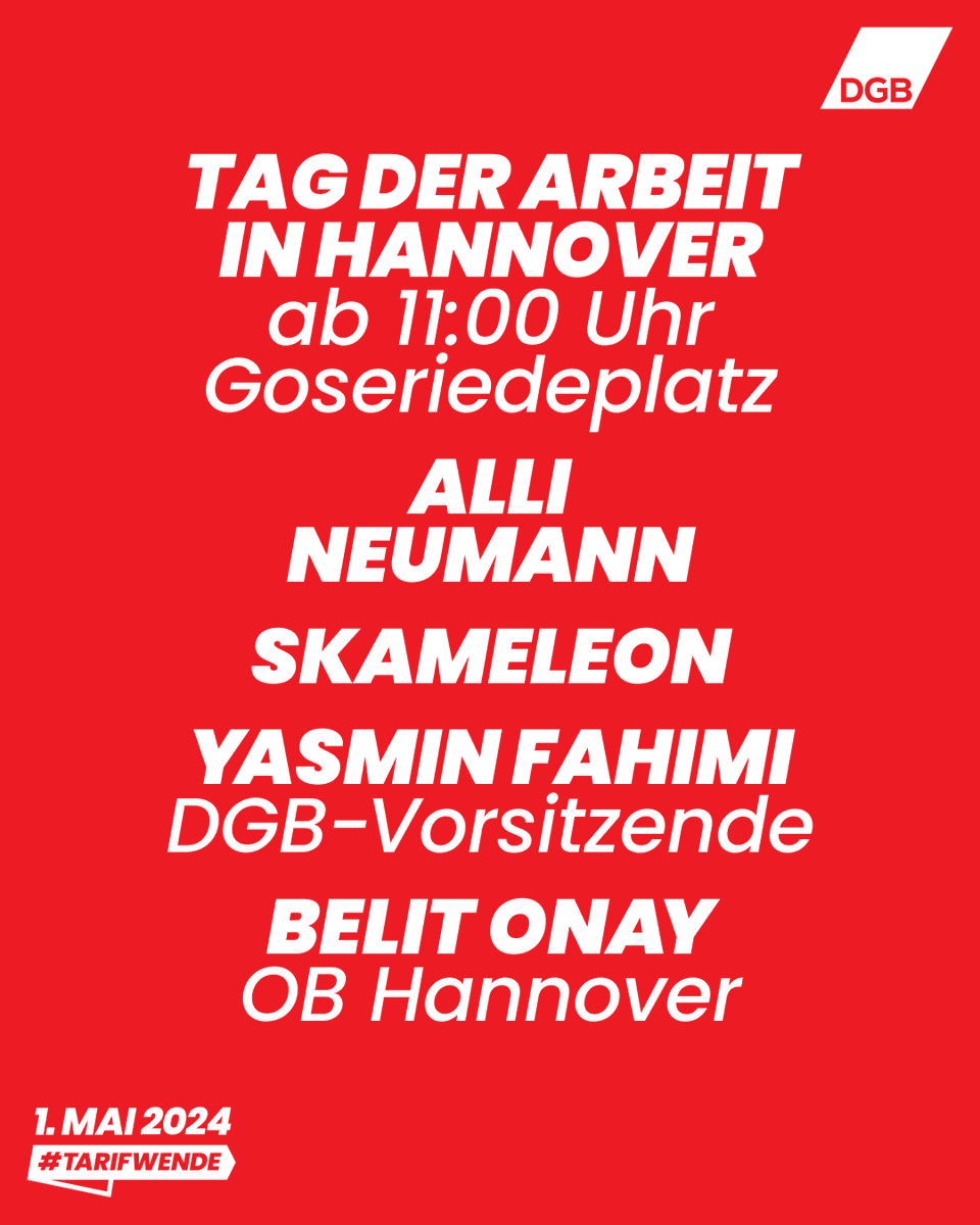 Die zentrale Maikundgebung 2024 mit unserer Vorsitzenden Yasmin Fahimi in #Hannover: 🚩Demo: 10 h Küchengarten 🚩Kundgebung: 11 h Goseriedeplatz dgb.de/erstermai #Gewerkschaft #1MaiFuerMehr @gewerkschaftngg @_verdi @igmetall @gew_bund @igbce @igbau @GdPPresse @deineevg