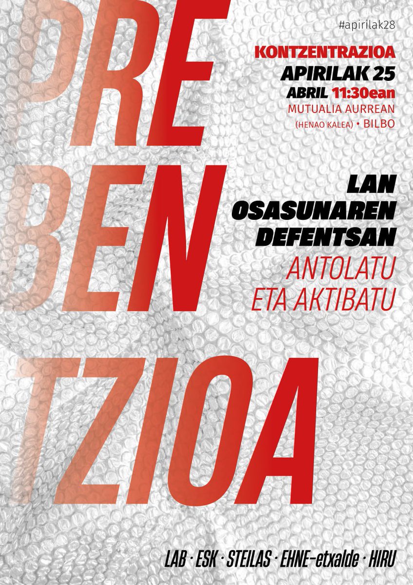 𝗟𝗮𝗻 𝗢𝘀𝗮𝘀𝘂𝗻𝗮 Bihar kalera aterako gara prebentzioa aldarrikatzera eta patronal zein instituzioak interpelatzera Gogoratu aurten dagoeneko 21 direla Euskal Herrian lanean hildakoak, istripuak eta laneko gaixotasunak aintzat hartu barik #PrekaritateaHiltzailea