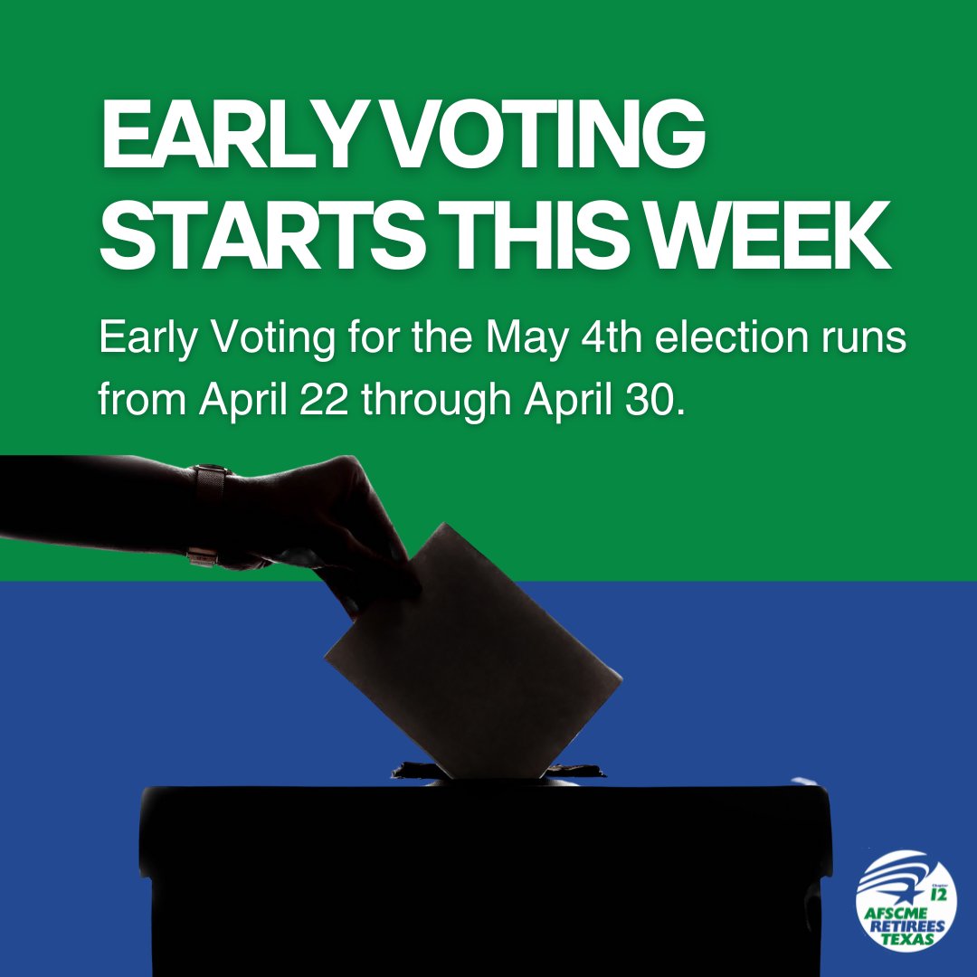 AFSCME_retirees's tweet photo. Early voting is underway for the May 4th Joint &amp; Special Election. ⏰Time to get out and vote!

🗳Find Your Early Voting Polling Place: https://t.co/wOLTAKGCpJ

#AFSCME #VotingMatters #txlege https://t.co/W63tUqAHgl