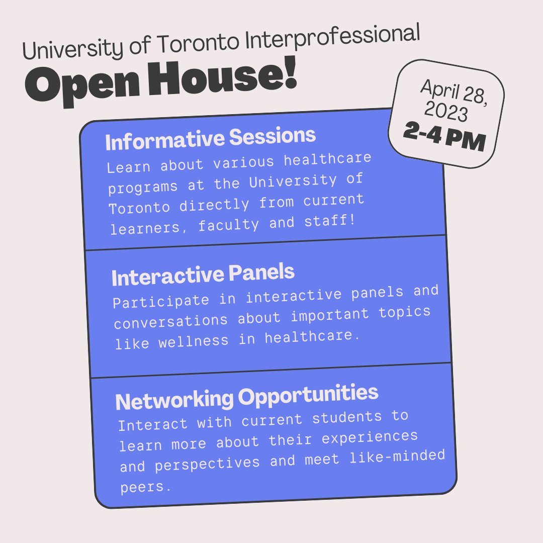 Don't miss the virtual Spring Interprofessional Open House! Join us this Sunday to learn more about @UofTMDprogram, Medical Radiation Sciences & @UofTPharmacy! Event details & online registration: uoft.me/arf