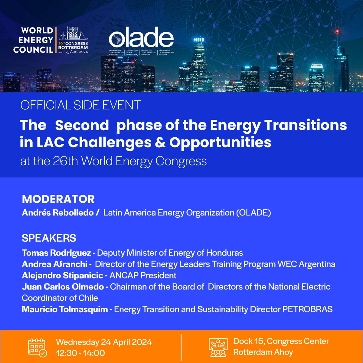OLACDEORG's tweet image. 🌐 #WEC2024 #RedesigningEnergy
En el side event organizado por OLADE durante el Congreso Mundial de Energía de @WECouncil denominado "La segunda fase de las transiciones energéticas en América Latina y el Caribe - Desafíos y Oportunidades" expusieron:

⚡️ Tomás Rodríguez,