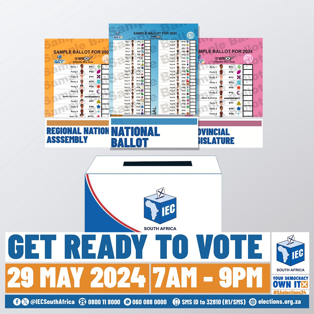 💡Remember, for #SAelections24, you'll be voting on three ballots if you're in your registered province. Familiarise yourself with the ballots, and remember—one ballot, one mark. Be sure to vote where you're registered! #KnowYourBallots

Find out more: bit.ly/4aUxlo2