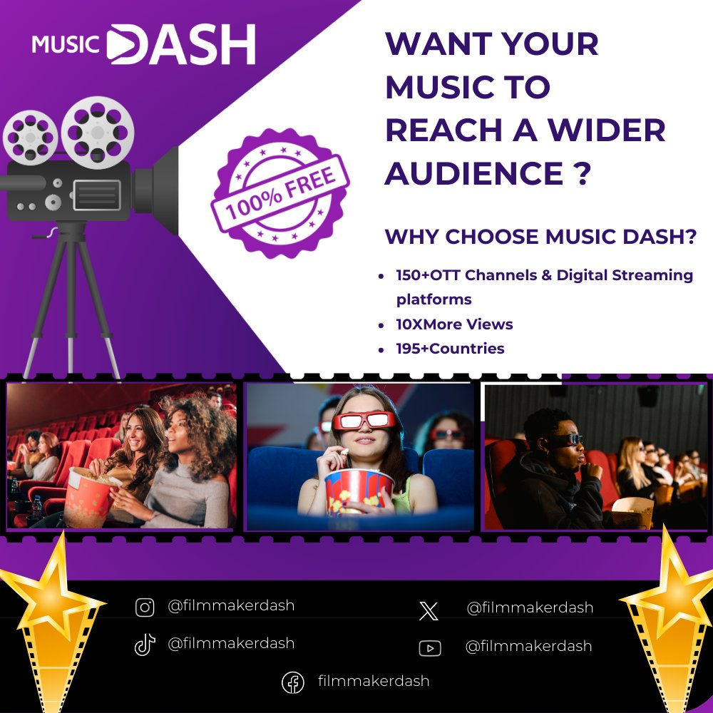 FilmmakerDASH's tweet photo. Get noticed in the film world with Filmmaker DASH!
Submit your films & series to 100+ streaming platforms hassle-free. ๐ฌ
โจ Free submissions, user-friendly interface, and support for diverse voices. Take control of your distribution journey!
#FilmmakerDASH #IndieFilm https://t.co/OpjJhefPZ0