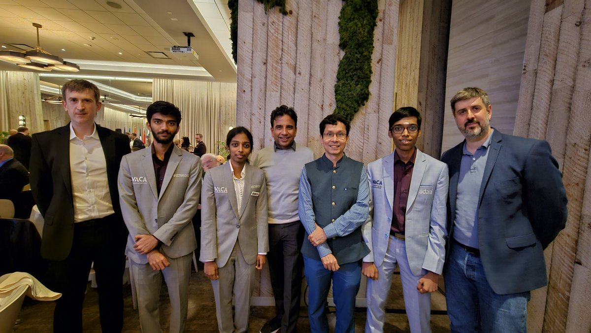 The three amazing talents of Indian chess at the FIDE Candidates 2024 - Gukesh, Pragg and Vaishali with their three trainers - Gajewski, Svidler and Chanda. And right in the center is the founder of WestBridge Capital Sandeep Singhal. A picture for posterity! 📷: Sagar Shah