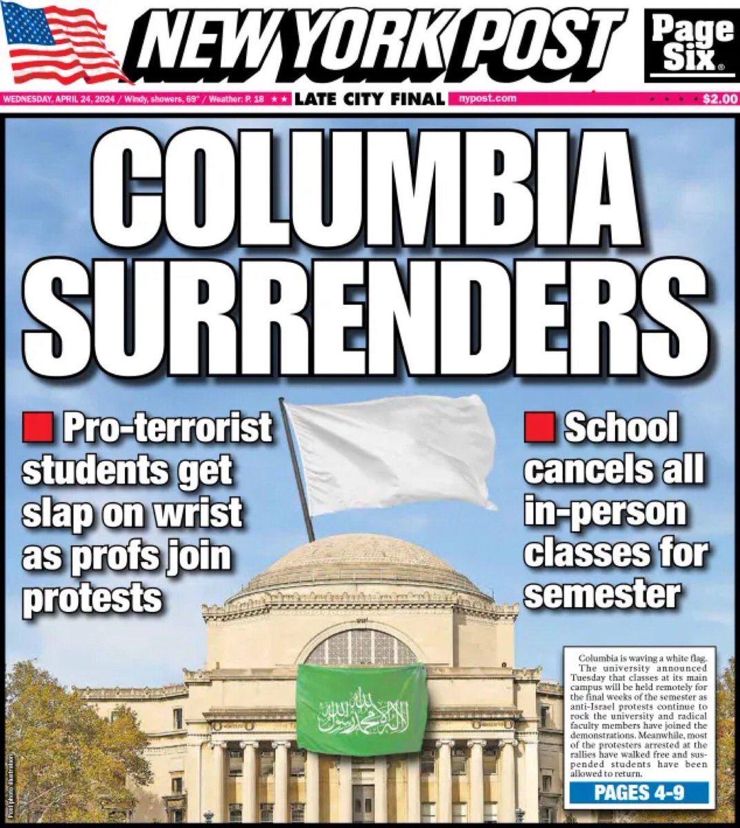 💥Columbia U. surrenders to terrorists💥waving the 🏳️ Total cost of attendance is $89,587 according to their site. Professors actually joining in the protests! Liberal professors are indoctrinating students all across America! 🔥Wake up, America!