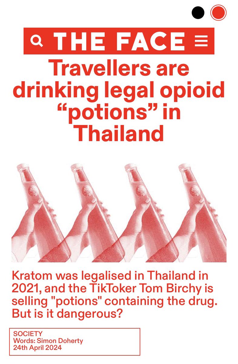 British travellers in Thailand are getting into kratom, a naturally occurring opioid which was legalised there in 2021. It's being brewed into brightly-coloured so-called 'potions' and promoted over TikTok. Read my report in @TheFaceMagazine... theface.com/society/kratom…