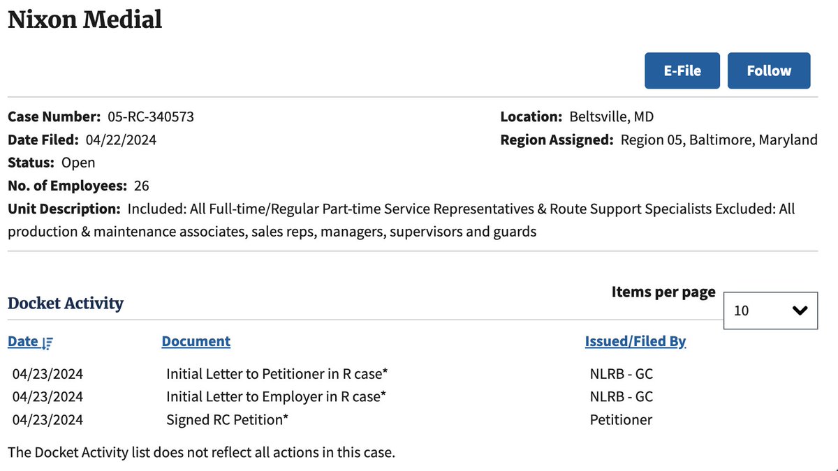 In Labor News: Pretty sure employees at Nixon Medical (misspelled in the filing) have filed to unionize with Drivers, Chauffeurs and Helpers Local Union No. 639. 

The Beltsville-based company provides medical apparel and linens to outpatient healthcare and medical centers.