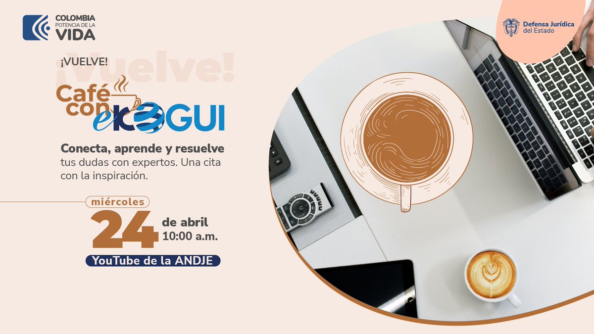 AgenciaDefensaJ's tweet photo. ¡Atención abogadas y abogados del Estado! 

Nuevamente vuelve: Café con #eKOGUI. Un canal para resolver sus inquietudes sobre el sistema de manera directa y en tiempo real. 

Hoy miércoles 24 de abril en nuestro canal de YouTube. https://t.co/mr6zCz2eN1 https://t.co/y5WEmQFH7f