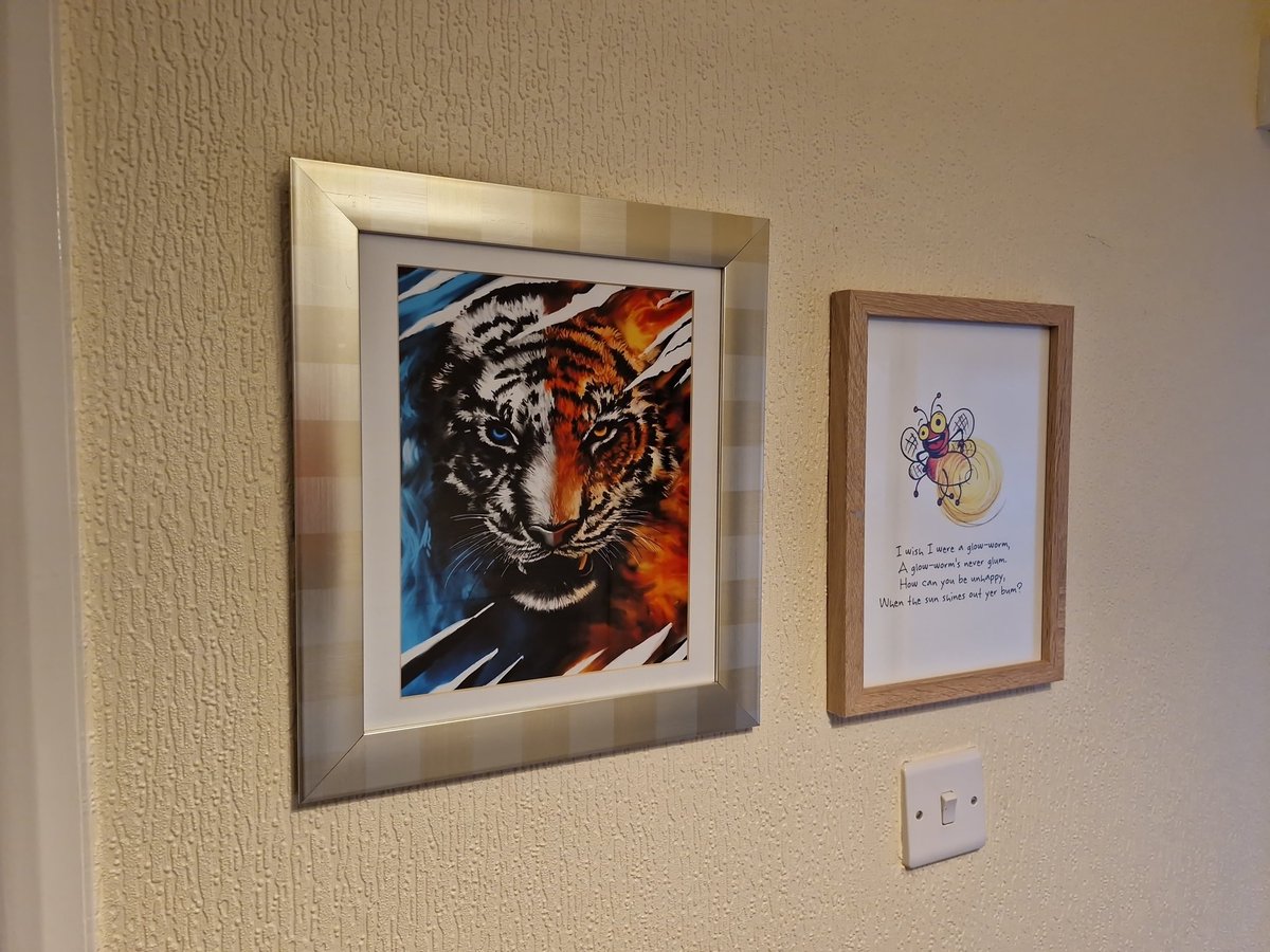 Two pieces of fabulous small biz art now on my wall. Tiger from @artbythree and glow-worm from @dippyfishcards Go and get your own now, they are fabulous, super talented and lovely people too. #MHHSBD