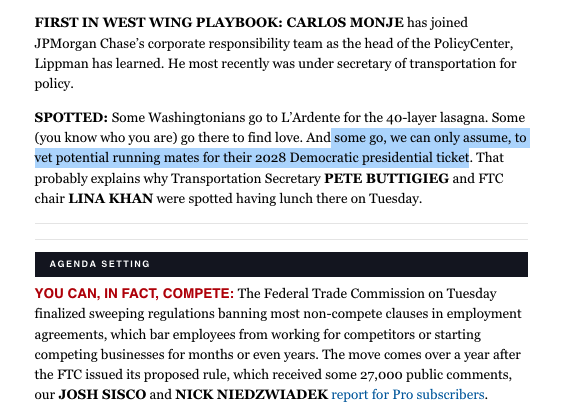 Politico stirring the pot, musing on Pete Buttigieg and Lina Khan as a 2028 ticket.
