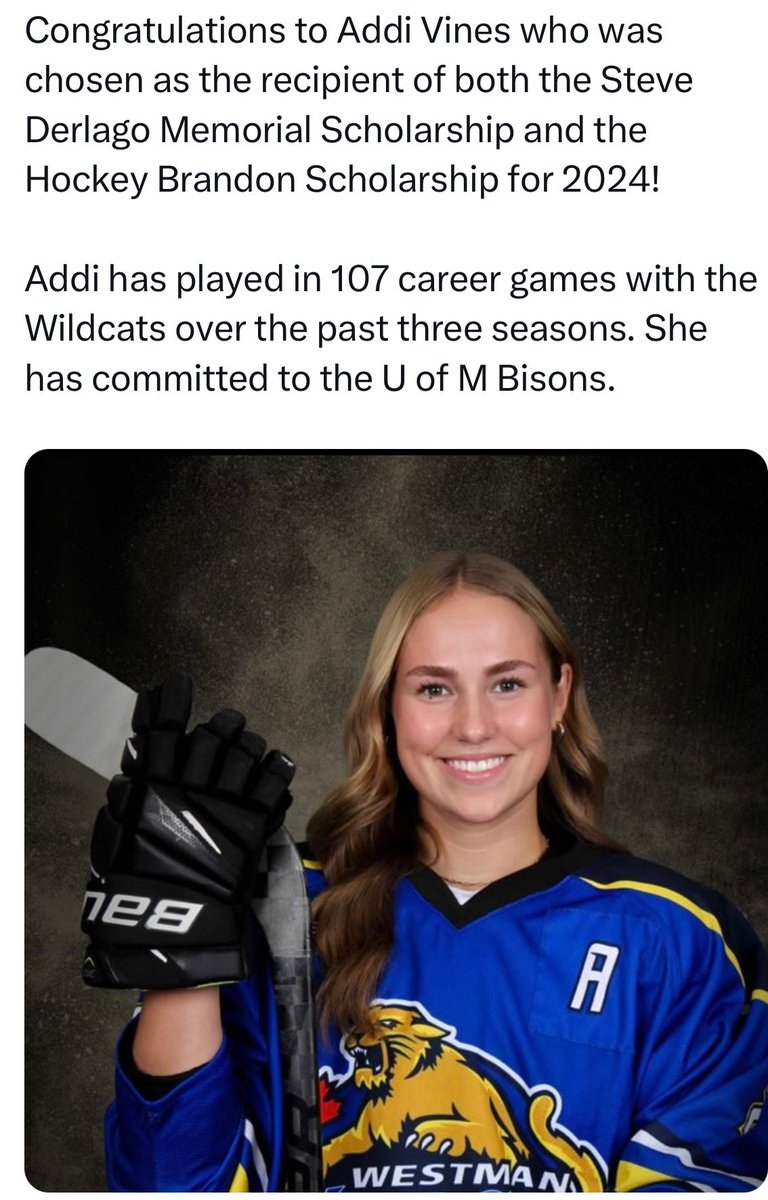 Congrats to @westmanAAA defense Addi Vines on being selected for these 2 great scholarships within Hockey Brandon. Watch for more scholarship announcements from the MFHL the next 2 weeks. @hockeymanitoba @staylorsports @The_GShow_ @IceWaveMediaMB @darryl_gershman @GameOnHockey