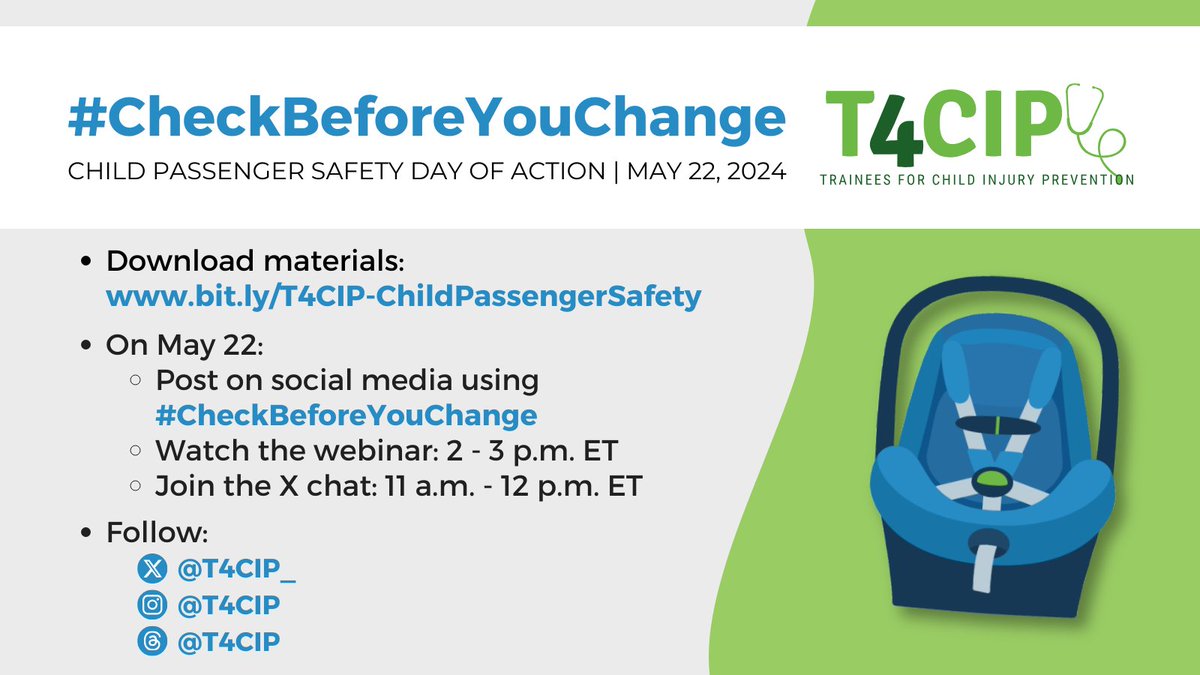T4CIP_'s tweet photo. Our next Day of Action is coming up soon 5/22! Join us and help get the word out about the need to #CheckBeforeYouChange to make sure it is safe to move your child to the next type of seat. #ChildPassengerSafety Webinar: https://t.co/ilvOuLQy2T https://t.co/8k7mNppgTC