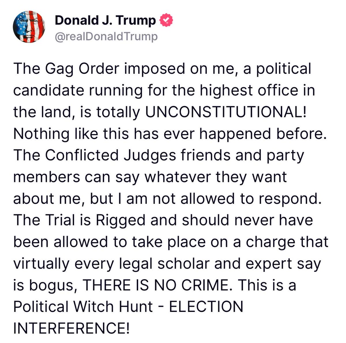 🇺🇸TRUMP COMPLAINS ABOUT GAG ORDER ON TRUTHSOCIAL... HUSH MONEY TRIAL OFF TODAY Doesn't this break the gag order? 'The Gag Order imposed on me, a political candidate running for the highest office in the land, is totally UNCONSTITUTIONAL! Nothing like this has ever happened…
