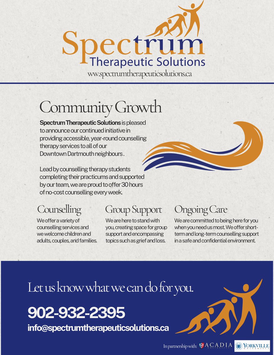 Accepting new clients in our community programs; no cost.
Learn more at: spectrumtherapeuticsolutions.ca/spectrum.../

#counselling #therapy #therapist #counsellor #online #inperson #dartmouth #novascotia #individual #couples #nocost #safeshores #letstalk #letstalkns #safeshorescounsellingsociety