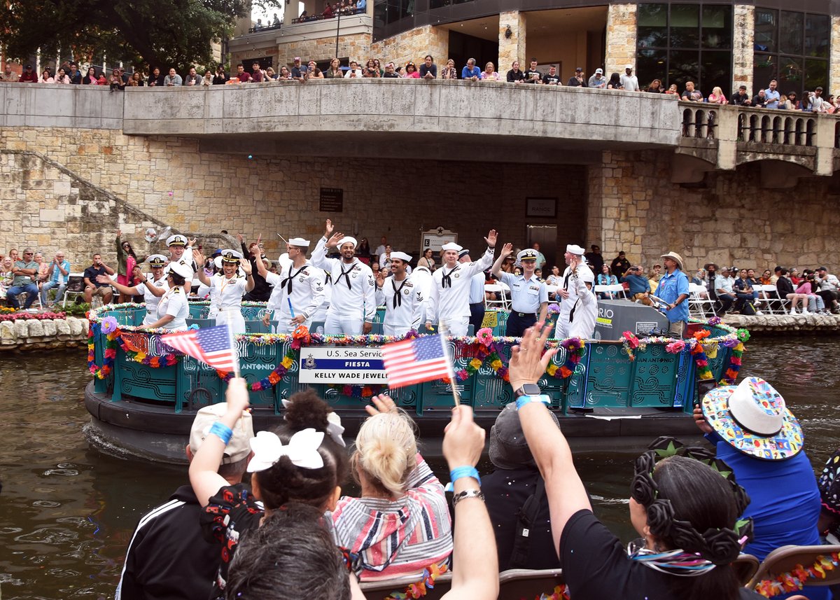 Navy Medicine Sailing in San Antonio. Sailors representing several naval commands, led by Rear Adm. Walter Brafford, commander, Naval Medical Forces Support Command, participated in the annual Texas Cavaliers River Parade at The San Antonio River Walk during Fiesta San Antonio.