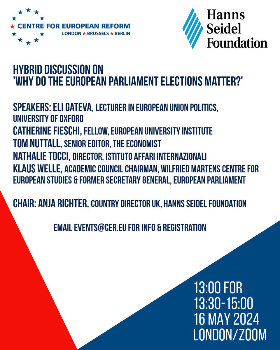 📅 Join us for @CER_EU/@hsf_uk hybrid discussion on 'Why do the European Parliament elections matter?' Speakers: @eli_gateva, @CFieschi, @tom_nuttall, @NathalieTocci and Klaus Welle. Email events@cer.eu for further info