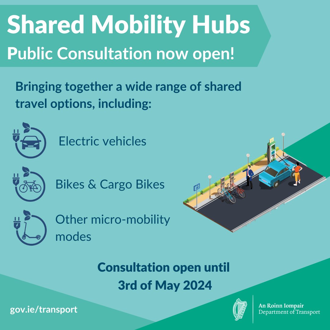 🚲🛴 Public Consultation on Shared Mobility Hubs now open Shared mobility services will help people to leave the car at home in favour of more sustainable transport choices by making services more widespread and accessible. 👉 Find out more: bit.ly/4a3B3ev