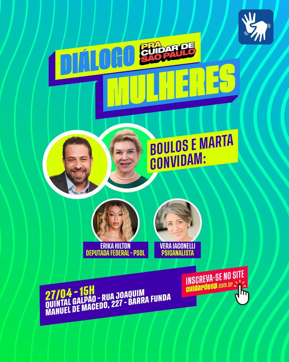 MULHERES COM BOULOS E MARTA

Na Sexta estarei com o meu amigo <a href="/GuilhermeBoulos/">Guilherme Boulos</a> e as queridas @MartaSuplicy_ e <a href="/VeraIaconelli/">Vera Iaconelli</a> ajudando a construir o Programa de Governo de Boulos e Marta.

E esse evento comigo e com nossos futuros Prefeito e Vice-Prefeita de São Paulo é ABERTO 👇🏽
