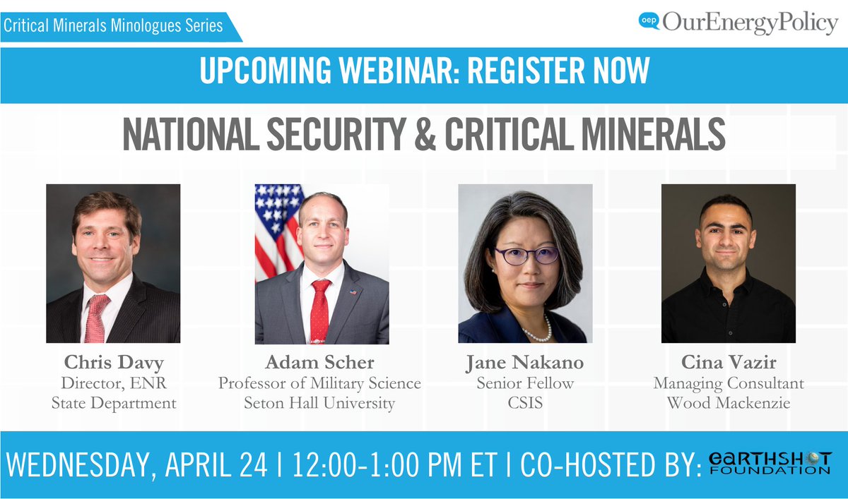 TODAY at 12 ET: National Security & Critical Minerals webinar, featuring panelists from the State Department, Seton Hall University, CSIS, and Wood Mackenzie. Register: us06web.zoom.us/webinar/regist…