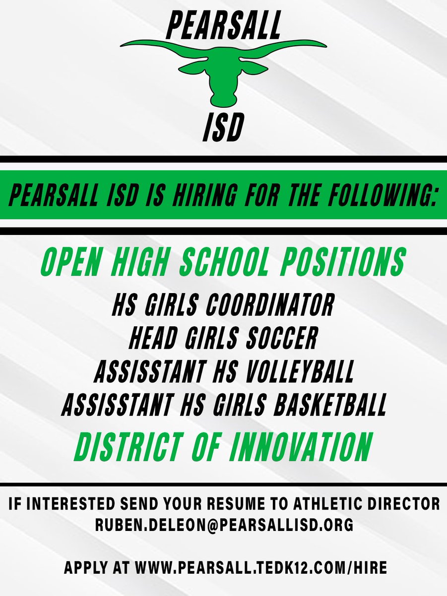 Pearsall ISD is looking for highly qualified applicants. Possibly moving to 4 day instructional calendar. @CoachesSouth @THSCAcoaches @AustinTGCA