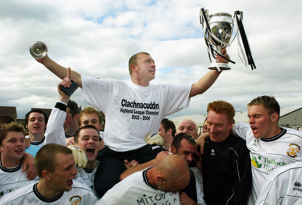 #OTD in 2004, Clachnacuddin secured their 18th Highland League title, and the first since 1974-75, with a 2-1 victory over Cove. Our photo shows manager, Robbie Williamson, with the trophy which was presented after the final game of the season #InvernessFootballMemories @clachfc