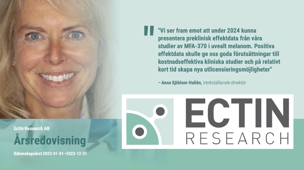 EctinAb's tweet photo. Vår årsredovisning för 2023 har nu släppts! VD Anna Sjöblom-Hallén: ”2023 har varit ett spännande år med vår kombinationsbehandling MFA-370 för behandling av cancer. MFA-370 är en oral behandling med endast milda potentiella biverkningar" https://t.co/ziVrembot4 #FiTwi https://t.co/yMtImdbQH2