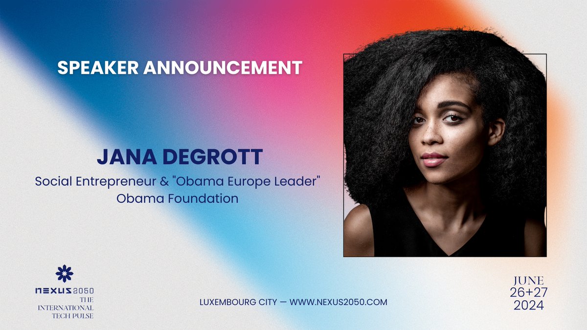 Excited to announce Jana Degrott, Social Entrepreneur & 'Obama Europe Leader' at @ObamaFoundation will join us at #Nexus2050 (26-27.06.24)! Join our annual tech #event for 3 days of discovery, inspiration, learning, and #networking. nexus2050.com/collection/jan…