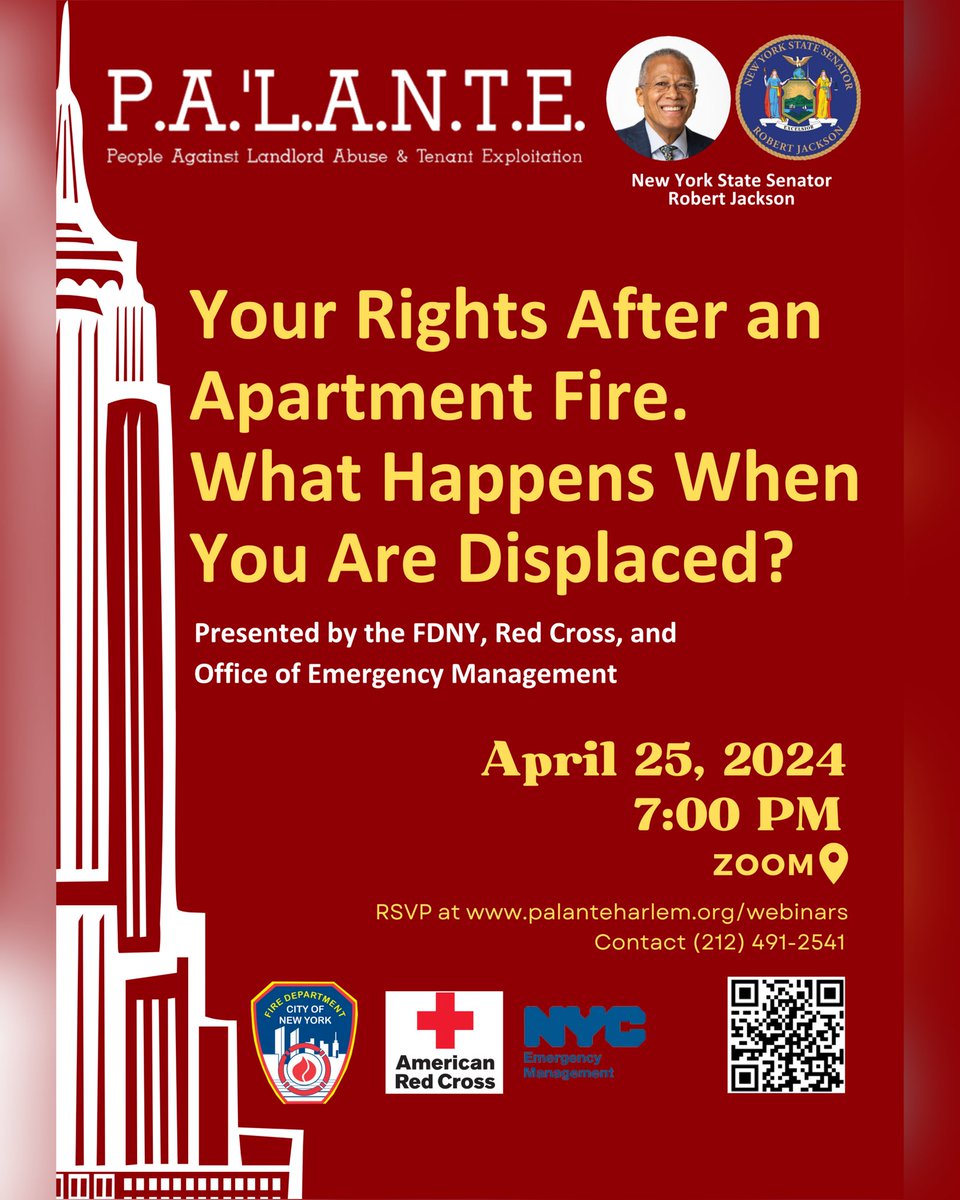 Join us for @palanteharlem's webinar: 'Your Rights After an Apartment Fire' this Thursday! Essential info on post-disaster steps. Let's learn and discuss together! 📅 When: This Thursday Register: tinyurl.com/556wcep6. See you there!