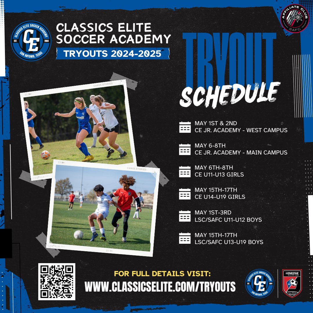 ⭐️ 2024-2025 TRYOUTS ⭐️ 

Full tryout dates for the 2024-2025 season! We are getting close, register now!

📱 For all info and to register visit classicselite.com/tryouts

🔵⚫️ #theCEway
🔴⚫️ #WeAreLonestar