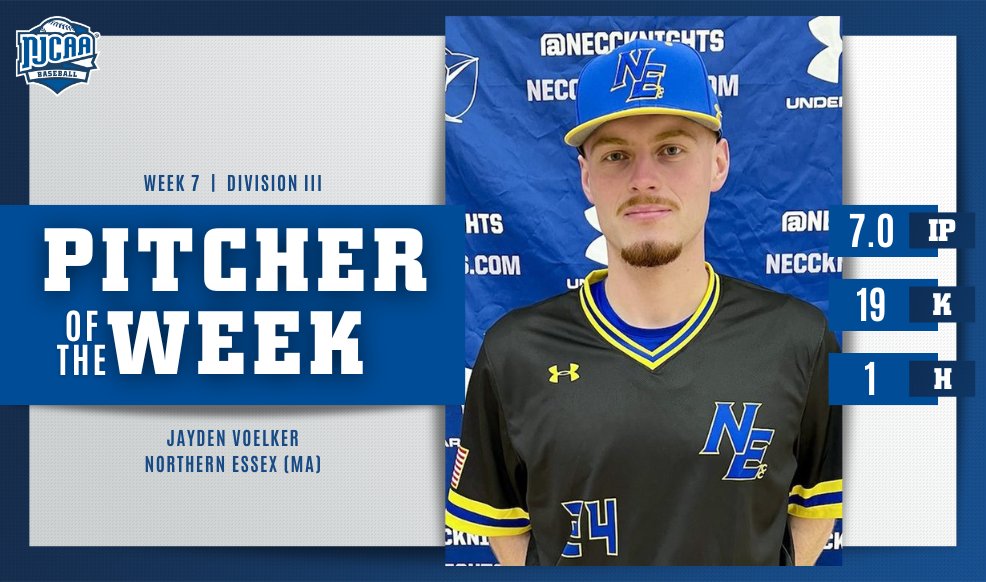 🎶 Back-to-Back @NECCKNIGHTS ace Jayden Voelker is the #NJCAABaseball DIII Pitcher of the Week for the second straight week. Voelker faced 24 batters and struck out 19 of them, completing a complete game one-hitter over a regional foe. #NJCAAPOTW