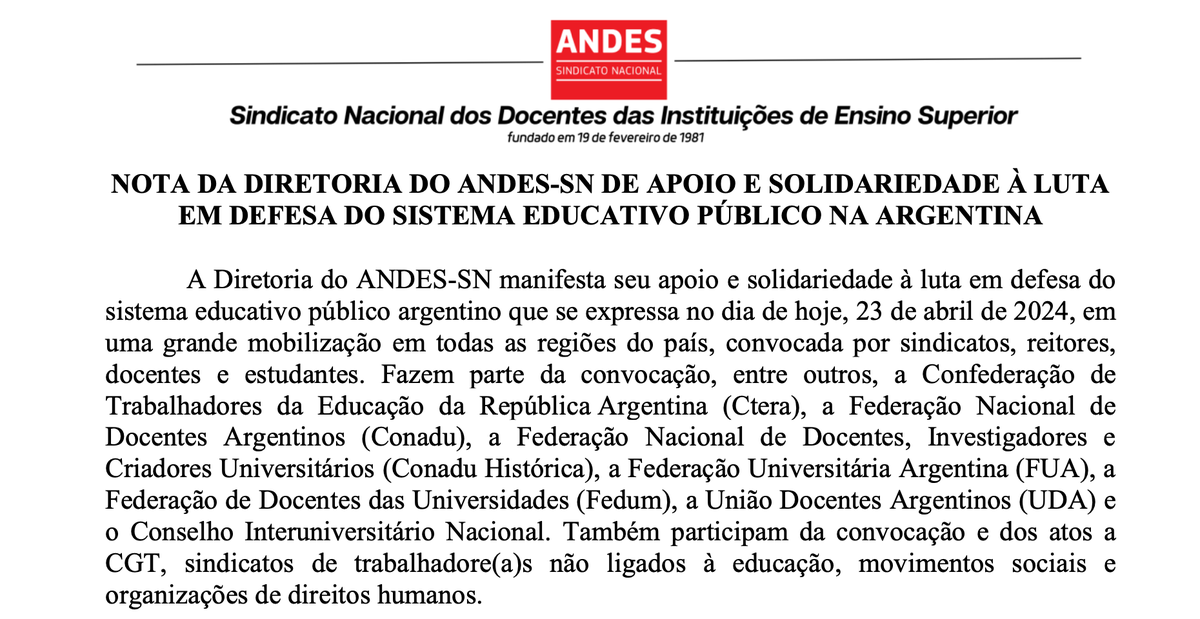 DiegoGolombek's tweet photo. El sindicato nacional de docentes de enseñanza superior de Brasil (ANDES) en apoyo de la marcha de ayer: https://t.co/XFMRqq2y58