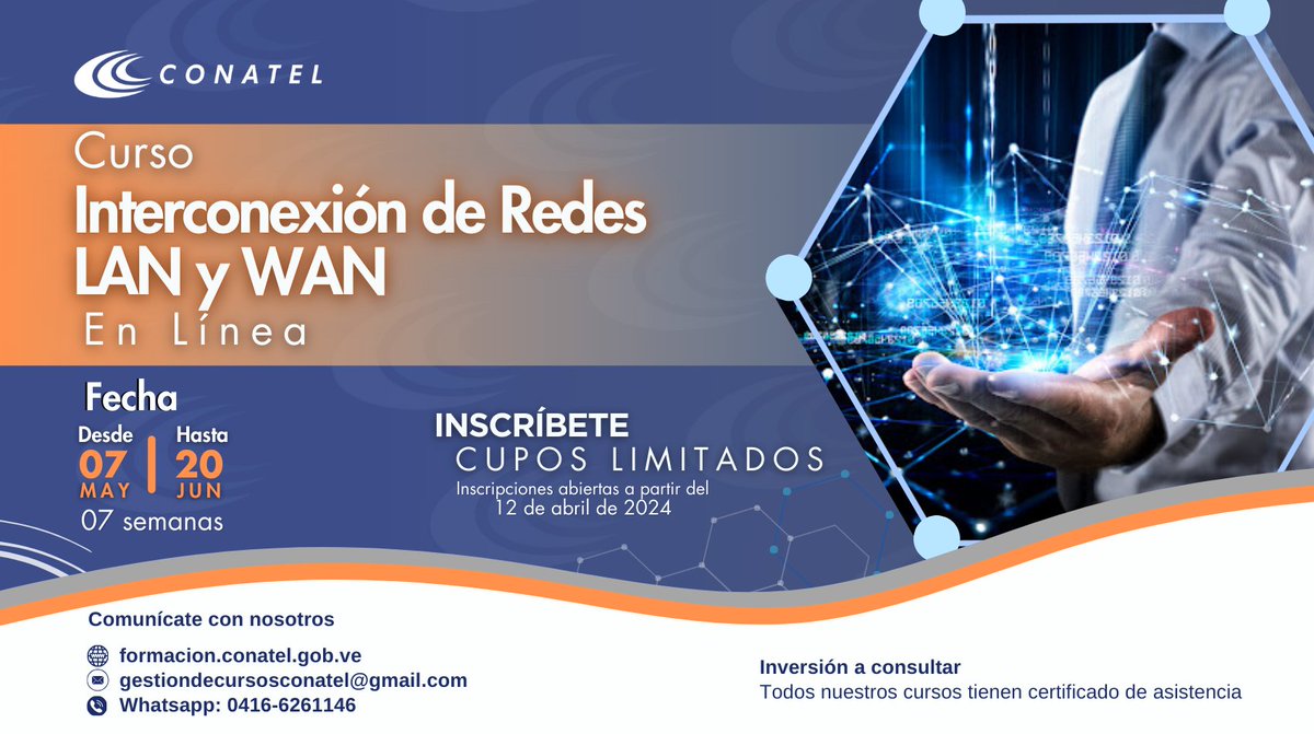 Conatel abre inscripción para el curso Interconexiones de Redes Lan y Wan 2024 acortar.link/JdoDmy #SembrandoPatria #24Abr