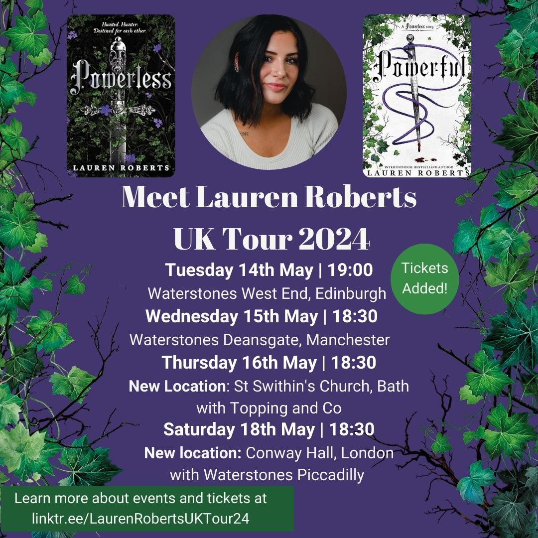 Attention all Lauren Roberts fans! We have moved to a larger location for our event with Waterstones Piccadilly on 18th May 🗡️ 🖤 Tickets are now available, be quick! For those of you who already have tickets to the London event, Waterstones will be in touch.