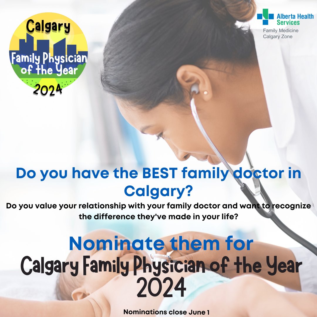 Let your family doctor know how much you appreciate them! 
Nominate them for Calgary Family Physician of the Year 2024.
This annual award from the clinical Department of Family Medicine is entirely nominated by patients in the Calgary area! #yyc
Click 👇:
redcap.albertahealthservices.ca/surveys/?s=EJN…