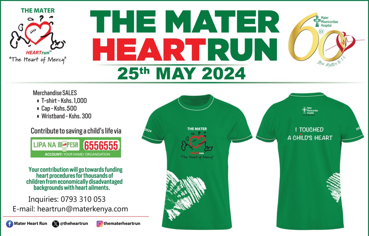 Together let's Touch a Child's Heart.
#Savethedate, Purchase a tshirt to support a noble cause!
#AHealthyHeartAHealthyNation
#MaterHeartRun 2024
#TouchAChildsHeart