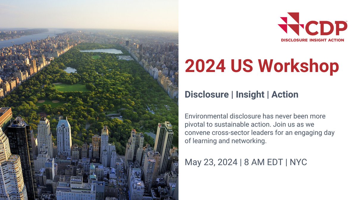CDP's tweet photo. The 2024 CDP US Workshop is happening May 23 in NYC! Register to join a range of world-class experts representing various sectors in discussion around environmental regulation, transparency and action. #CDPWorkshop https://t.co/tsSpM415s9 https://t.co/4LuUHtVpXo